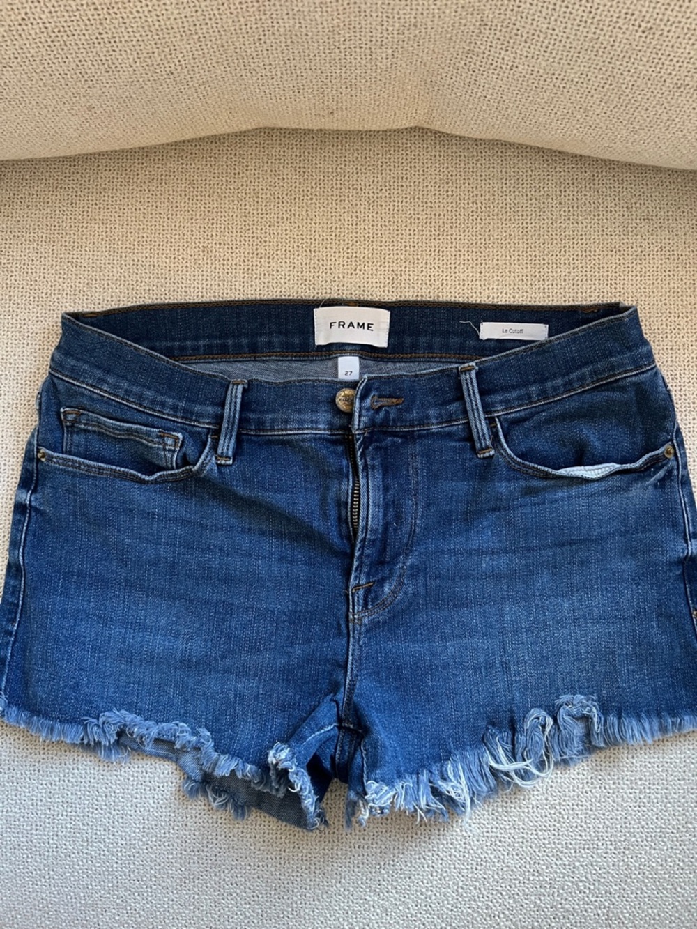 FRAME Dark Blue Distressed Denim Shorts